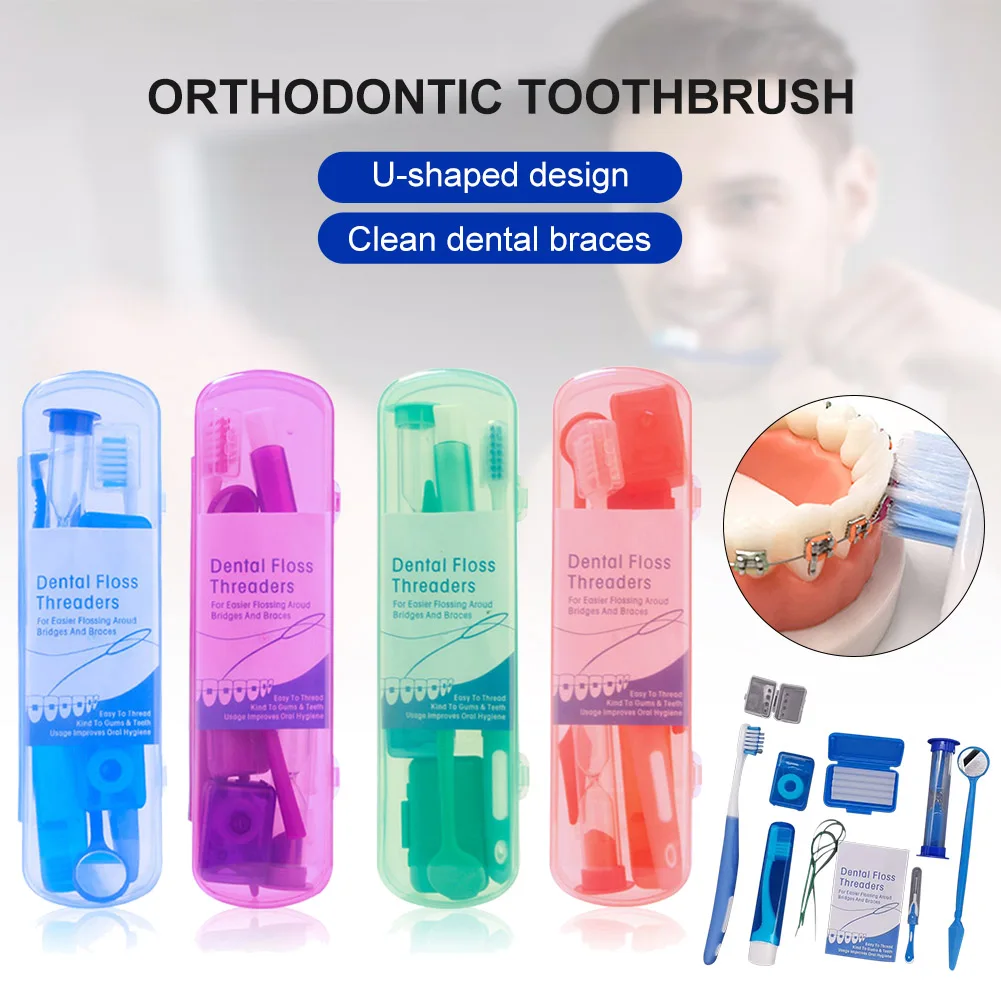 8pcs Orthodontic Dental Care Kit Set Braces Toothbrush/Foldable, Dental Mirror, Interdental Brush and More with Carrying Case