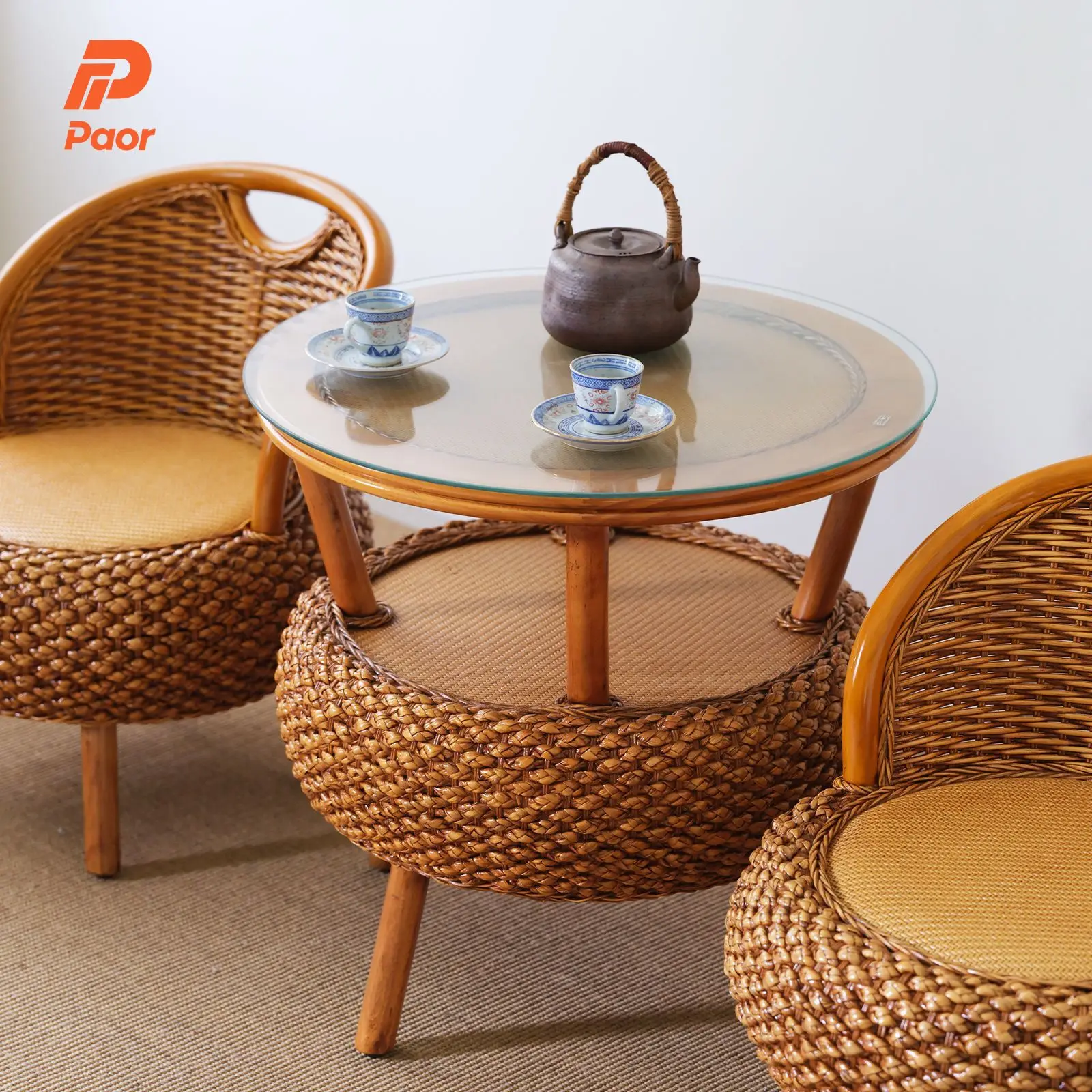 Balcony Small Low Rattan Chair Three Piece Set, Simple Rattan Woven Backrest Chair, Tea Table, Round Rattan Woven Leisure
