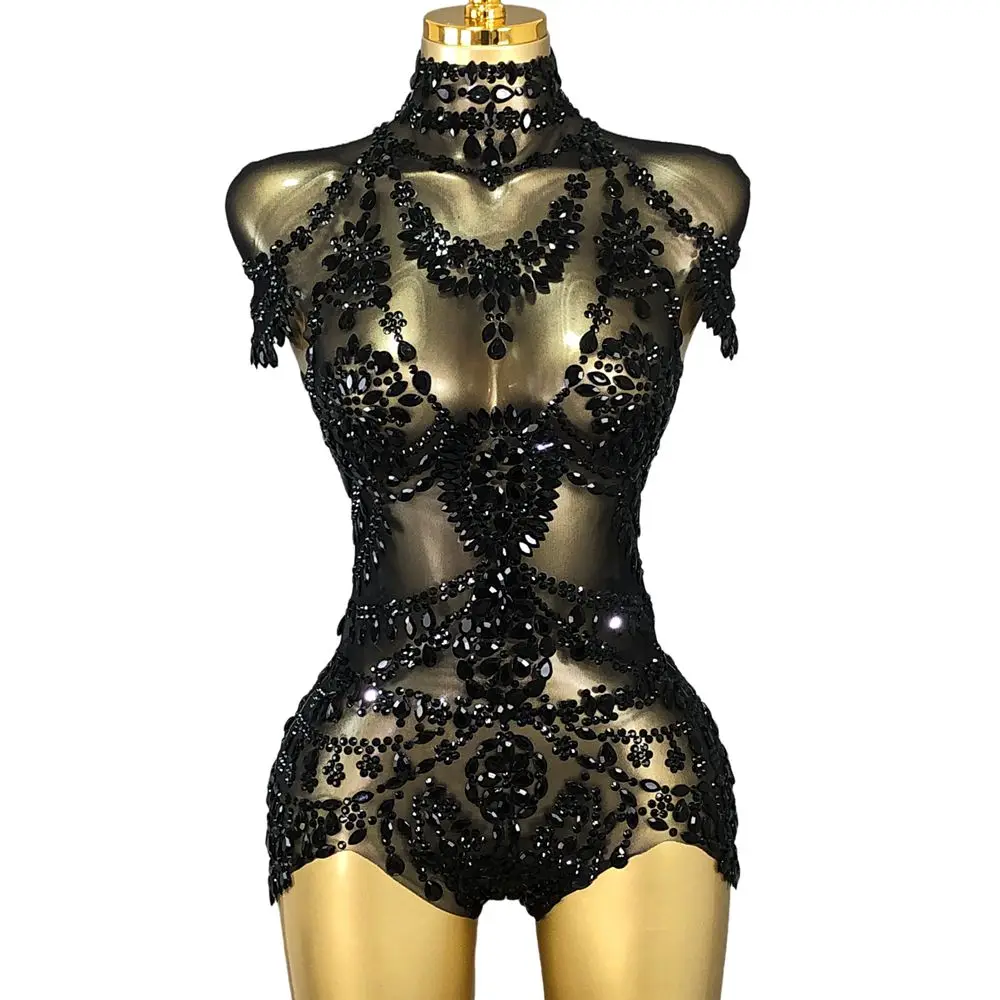 Sparkly Rhinestones Bodysuit Women Sexy Mesh Transparent Performance Dance Costume Singer Dancer Show Stage Wear Club Leotard