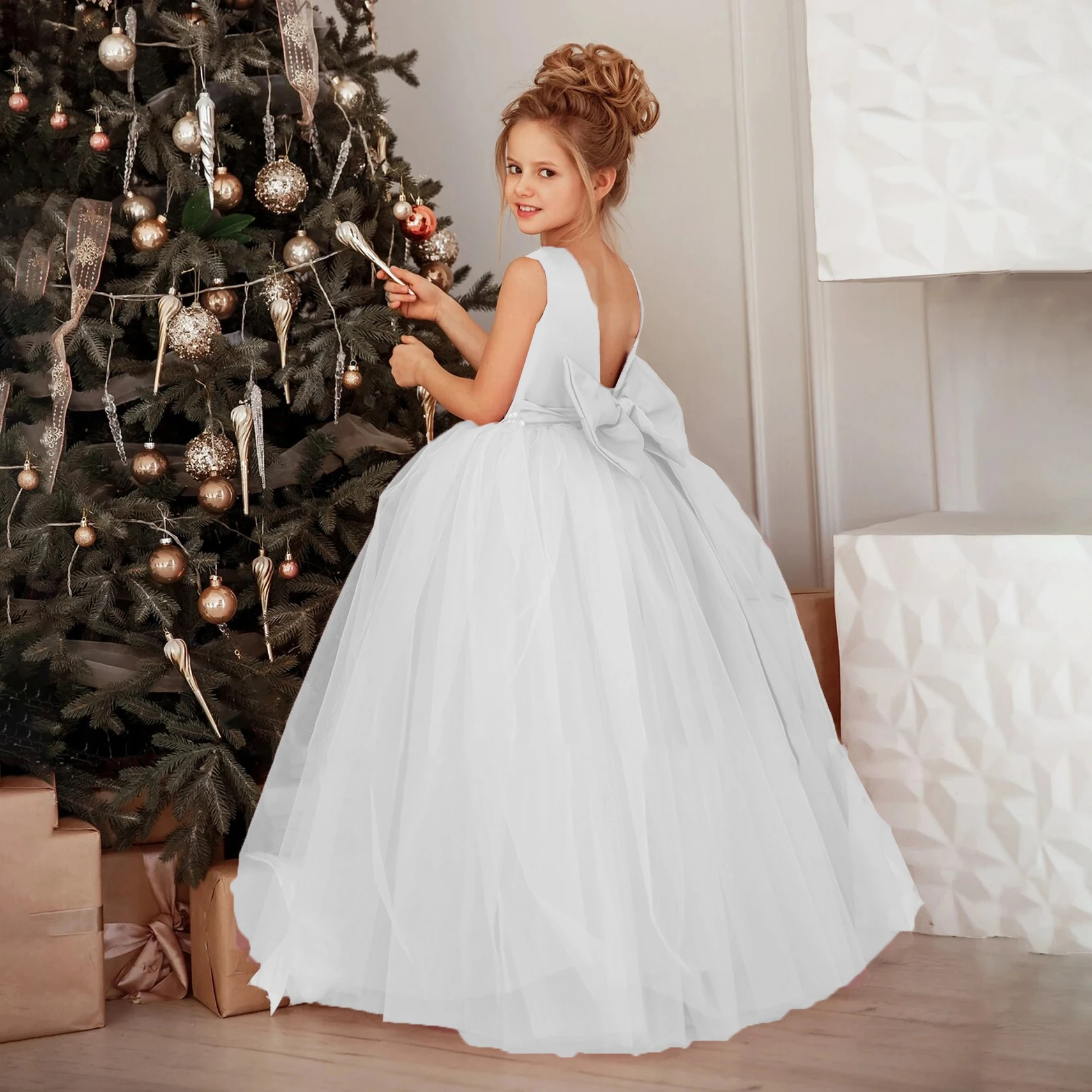 Big Bow Lace Bridesmaid Dress for Girl Christmas Costume White Wedding Party Princess Dresses First Communion Birthday Ball Gown