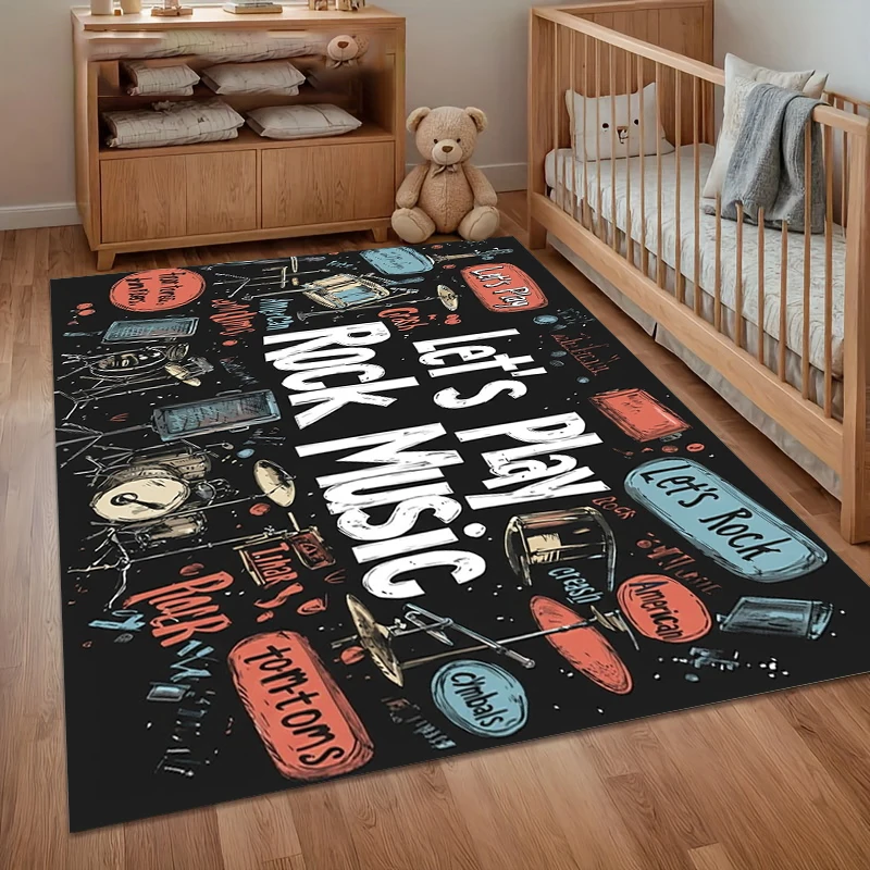 Let's Play Rock Music Area Rug Drum Guitar Design with Graffiti Style Ideal for Game Room Bedroom Studio Playroom Music Lovers