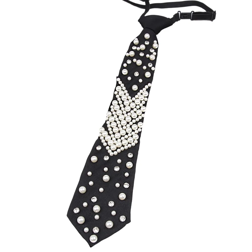 Cravate pré-nouée élégante vintage en fausses perles pour femme, cravate paresseuse réglable pour femme et homme