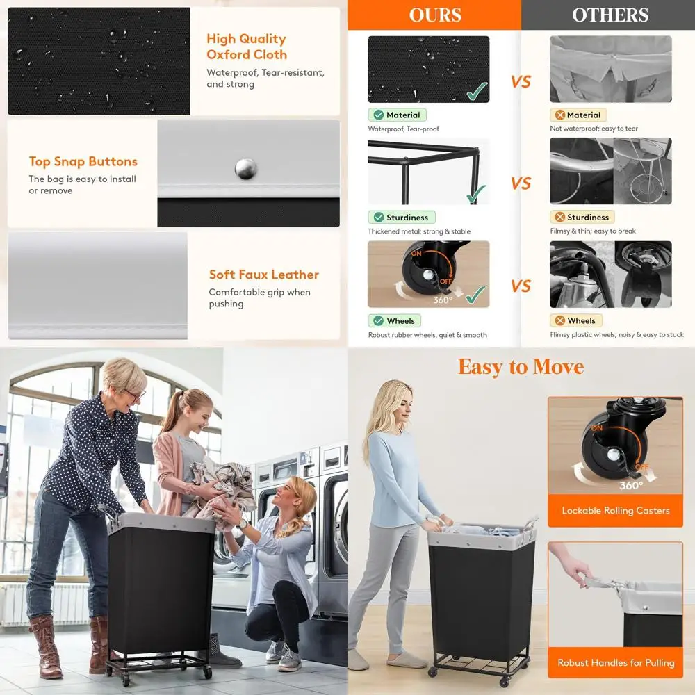 

Большая сверхпрочная корзина для белья на колесиках, высокая корзина со стальным каркасом для дома, гостиницы и общежития, черная