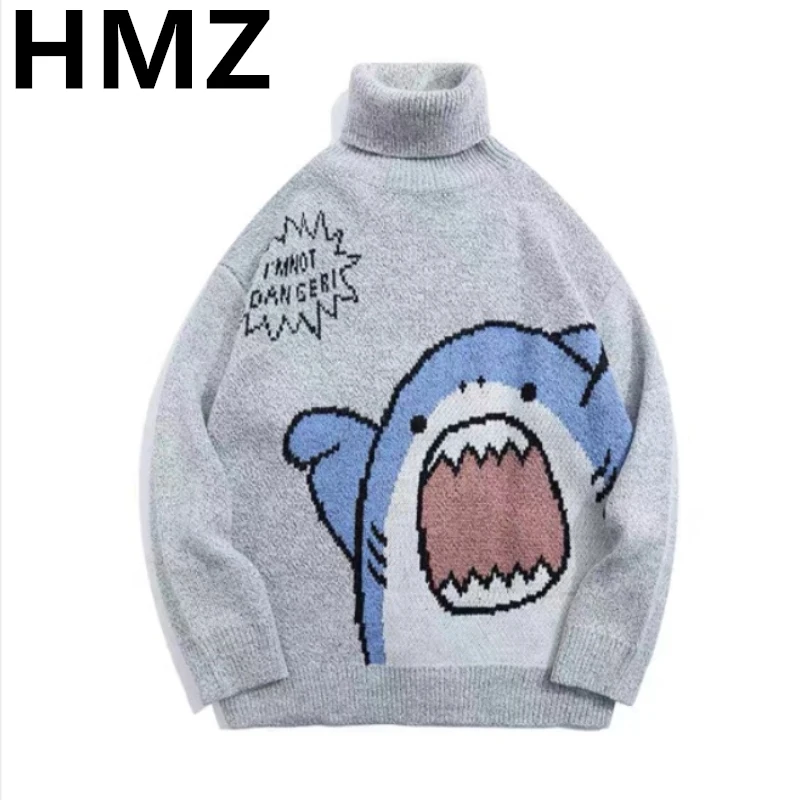 

HMZ Couple Sweater Cartoon Shark Turtleneck Knitwear Sweater All Match Oversized Pullover Top Harajuku Hip Hop Loose Knit Jumper