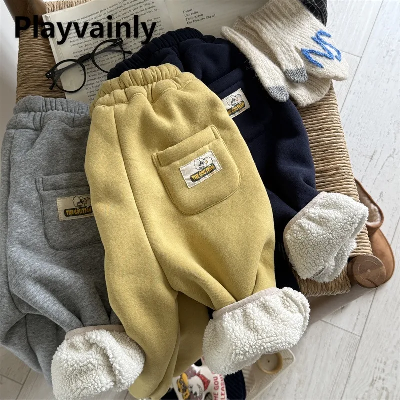 2025 جديد الخريف الشتاء الأطفال الصوف Sweatpants الكورية نمط بنين بنات سميكة الدافئة السراويل الرياضية غير رسمية بنطال أولادي A5661