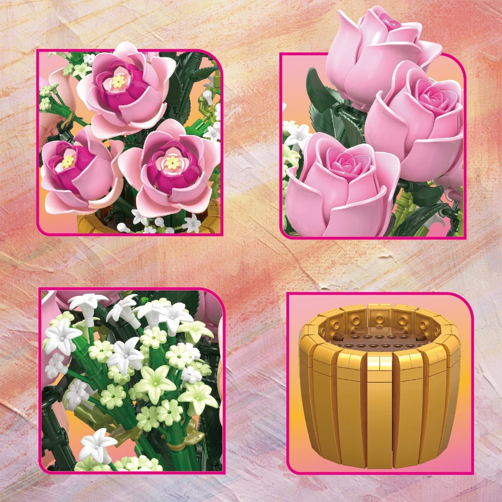 MOC Pink Rose Gold Bottle Plant Building Blocks Set Powder Planting Flower Pots Home Decor Toys Children Birthday Holiday Gifts