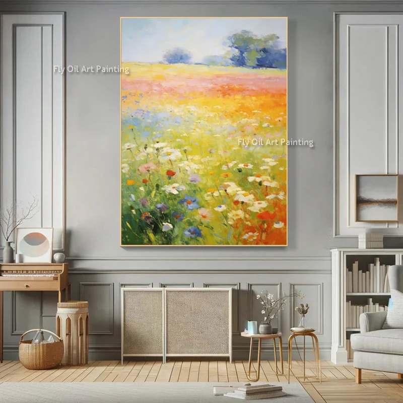 

Special Green Grass Land Colorful Flowers Canvas Thick Wall Art Decor For Room Handpainted Fashion Florals Field Oil Painting