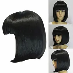 Short Hair Fei-Show Synthetic Heat Resistant Fiber Black Bob Wig With Flat Bangs Modern Show Cosplay Halloween Carnival Wigs