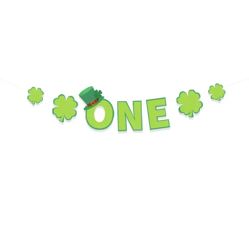 St. Patrick's Day Green Clover ONE Hanging Banner Cake Topper Photo Clip Banner Backdrop for Baby's First Birthday Party Decor