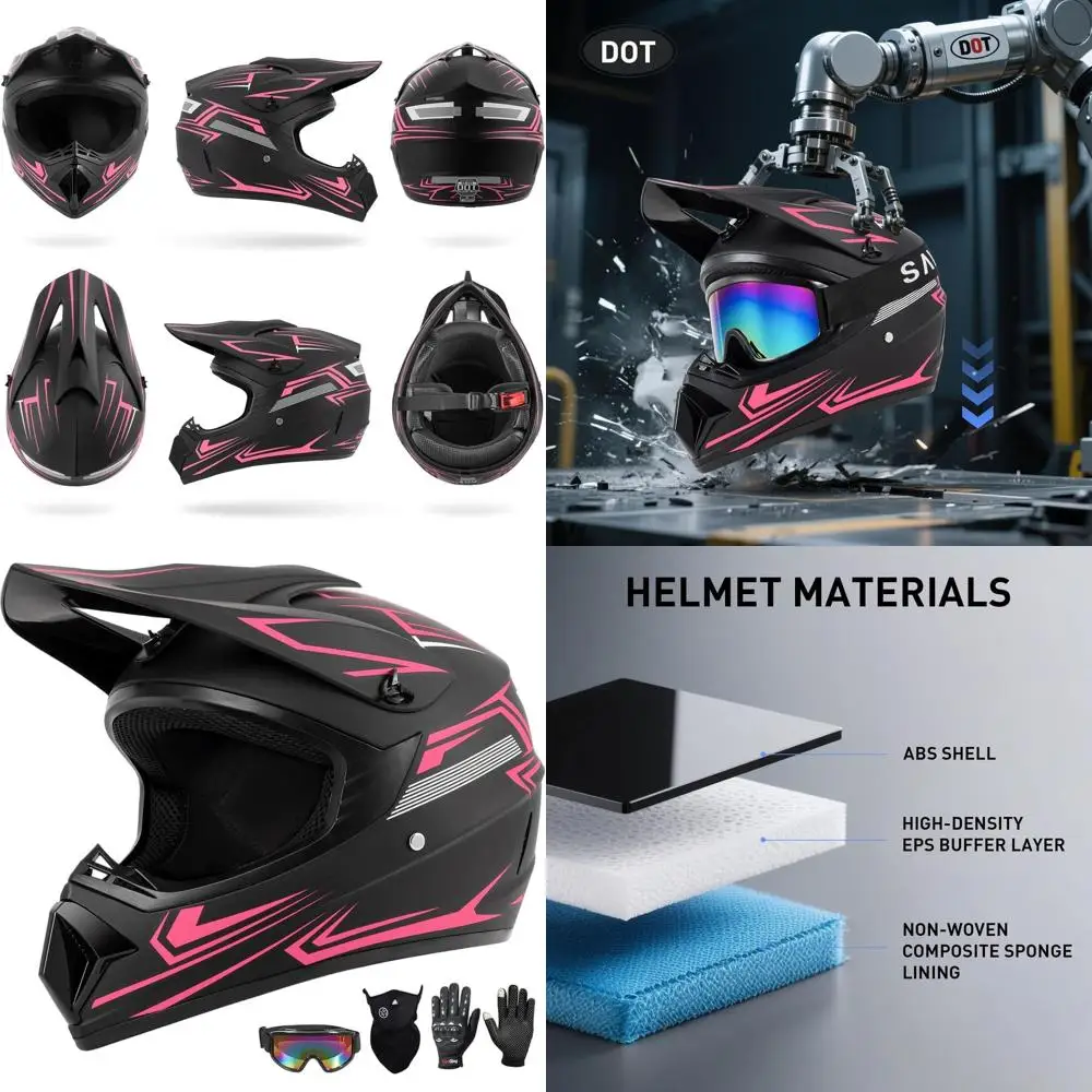 

Youth Dirt Bike Helmet Set with Goggles, Gloves, and Face Mask for Girls, DOT Certified, Pink, Size S