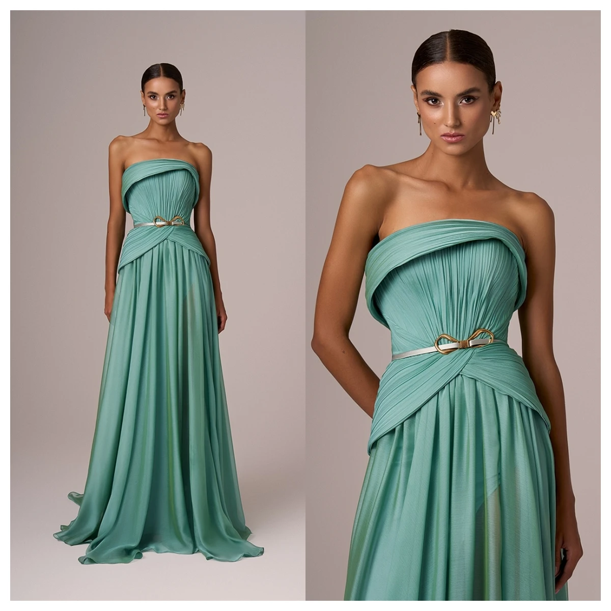 Customized  Delicate  Green Chiffon Evening Dress Strapless Sleeveless Celebrity Gowns Belt Special Occasion Gowns Luxu image 2