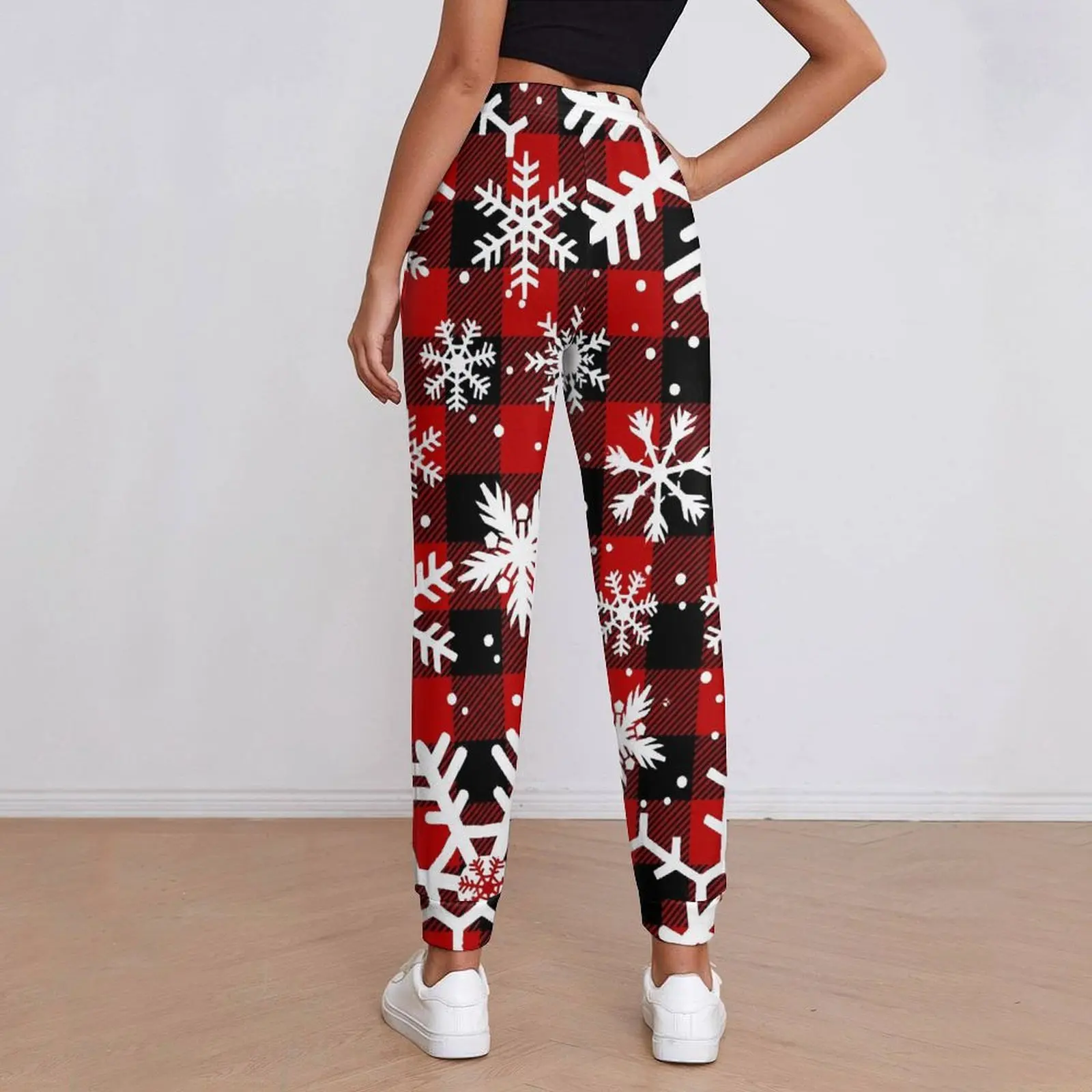 Christmas Snowflakes Jogger Pants Woman Red and Black Plaid Casual Sweatpants Autumn Printed Streetwear Oversize Trousers Gift