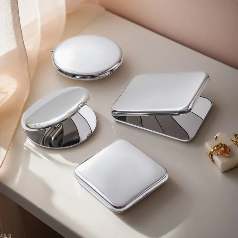 Portable Women Stainless Steel Makeup Mirror Hand Pocket Folded-Side Cosmetic Make Up Mirror Small Various Shapes Skin Care Tool