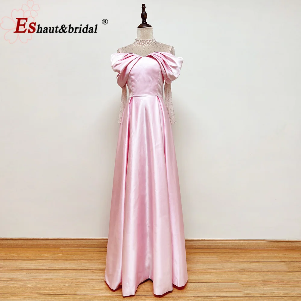 Elegant Dubai Aline Evening Night Dress for Women 2023 High Neck Long Sleeves Satin Beads Pearls Formal Prom Wedding Party Gowns