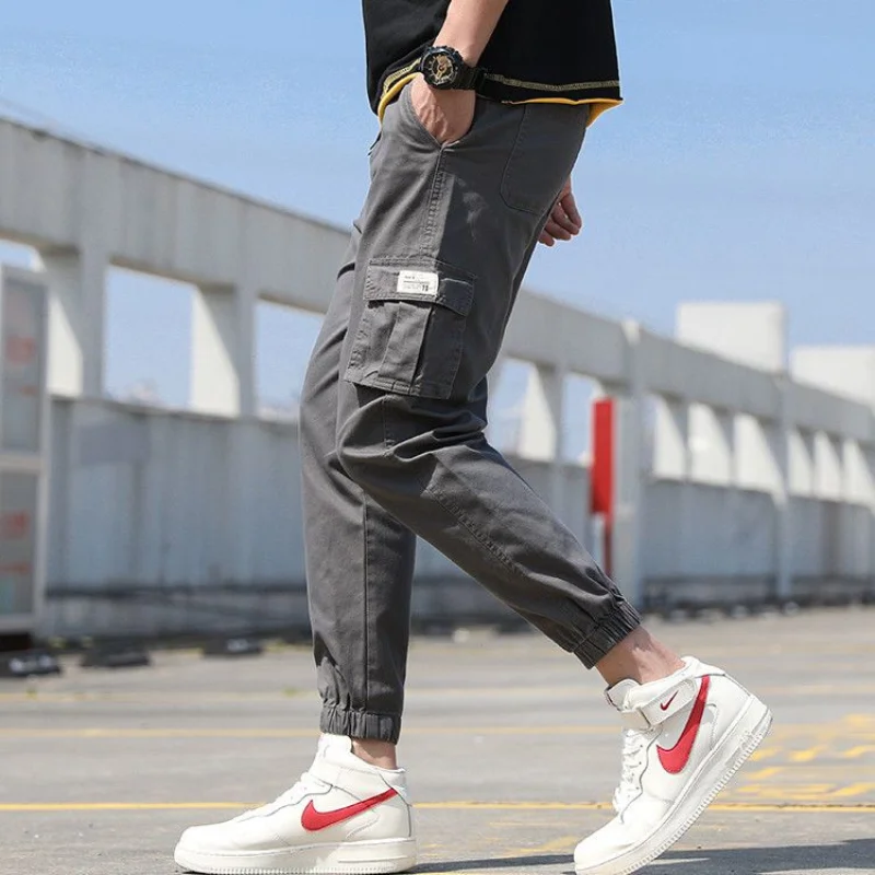 2023 New Men's Clothing Trousers Cargo Mid Waist Drawstring Slim Spring Autumn Casual All-match Solid Color Pockets Pants