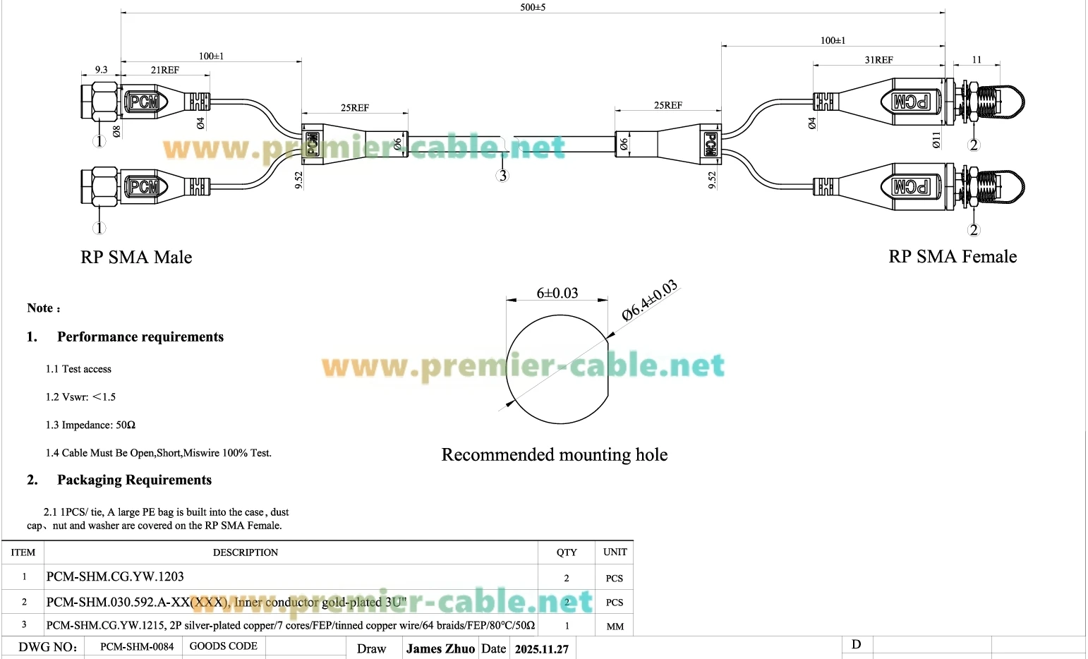 2-in-1 RP-SMA Stecker auf Buchse RF-Koaxialkabel für Panelmontage, 50 Ohm, 2x2 MIMO Antennenverlängerungskabel für GPS, SDR, WLAN-Router, 4G – Detail 1