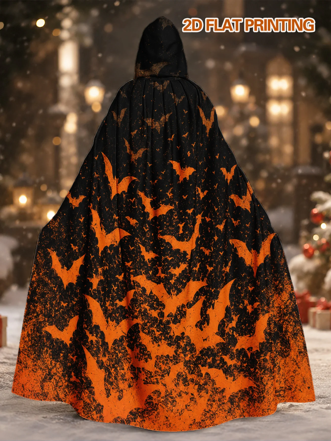 Customization 1pc, Long Festival Cloak With Orange Bats On Black Elements, Unisex Hooded Robe For Halloween Horror Nights, Chris