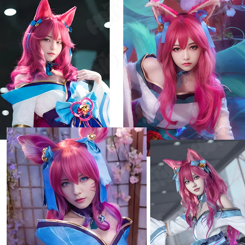 Парик для косплея Ahri Синтетический парик из волокна「HSIU」Длинный парик Rose Twisted Rose Purple LOL League of Legends the Nine-Tailed Fox косплей