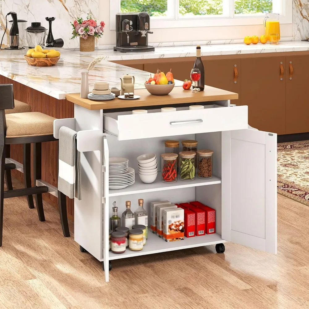 

Kitchen Island, Rolling Kitchen Cart with Spice and Towel Rack, Large Drawer & 2-Door Storage Cabinet, Home Service Cart