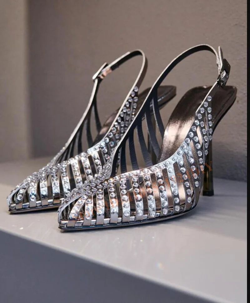 Blade Heeled Stilettos Cage Crystal-Embellished Pumps Cut Out Shiny Slingback Belts High Heels Buckle Straps for Women Shoes