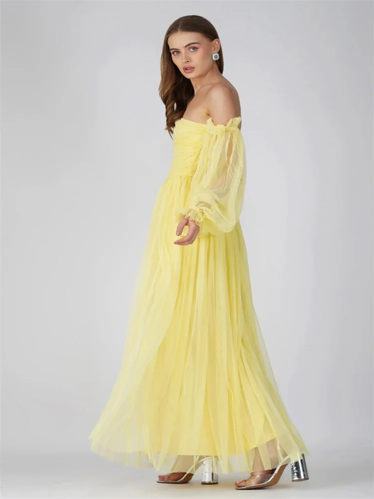 Hot Selling Strapless Neckline With Puff Sleeves Tulle A-Line Evening Dress Elegant Back Zipper Floor Length Gown For Women 2024