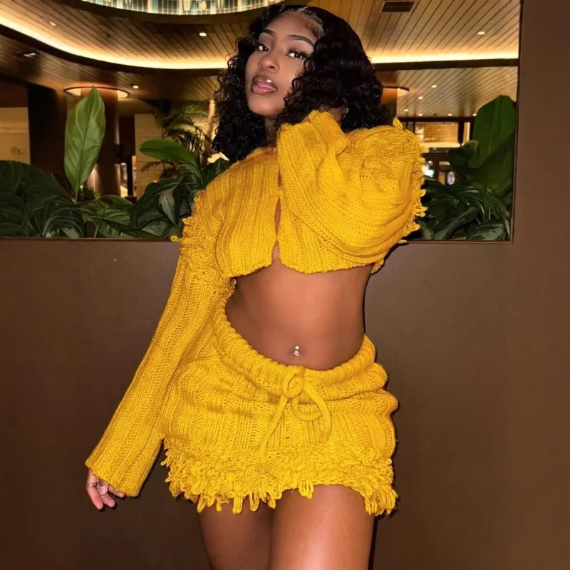 

Tassel Patchwork Knitted 2 Piece Set 2025 Fall Winter Women Solid Long Sleeve Cardigan Crop Tops + Mini Skirts Sweater Suits