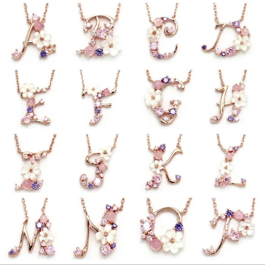 Colored Stone jewelry S925 sterling silver Crystal Cubic Zircon flower shaped shell Initial letter A-Z Alphabet necklace