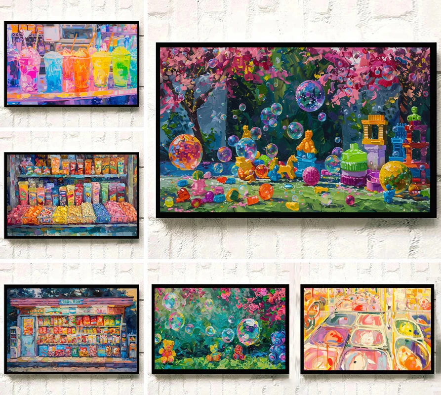 Classic Colorful Oil Painting Amusement Park Toys Bubble Water Snacks Poster Canvas Art Prints Home Room Wall Picture Decor Gift