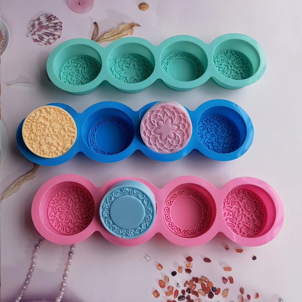 3D Handmade Silicone Soap Mold 4 Types Flower Soap Making Mould DIY Circular Shape Soaps Craft Tools Round Mooncake Mold