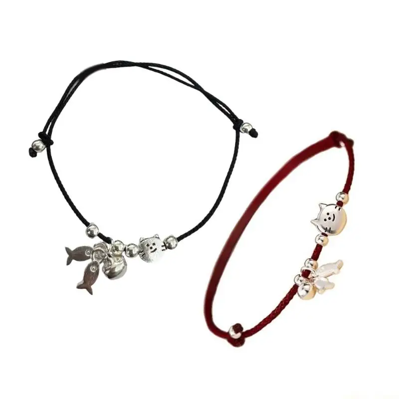 31BF Pair Of Black Red String Bracelets Featuring Cats Fish Couple Bestie Gift
