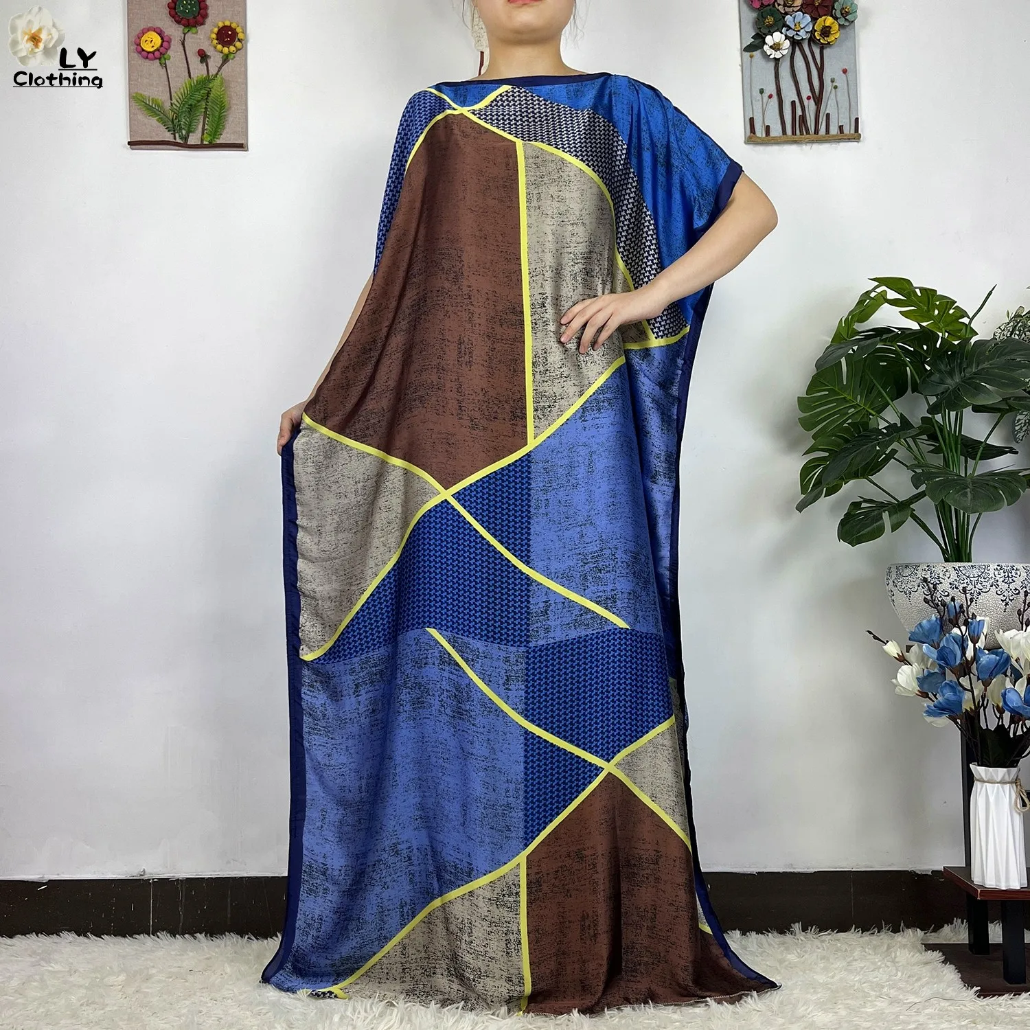2023 New African Fashion Short Sleeve Colored Pattern Dubai Women Summer Real Silk Soft Printing Loose Tradition Muslim Dress