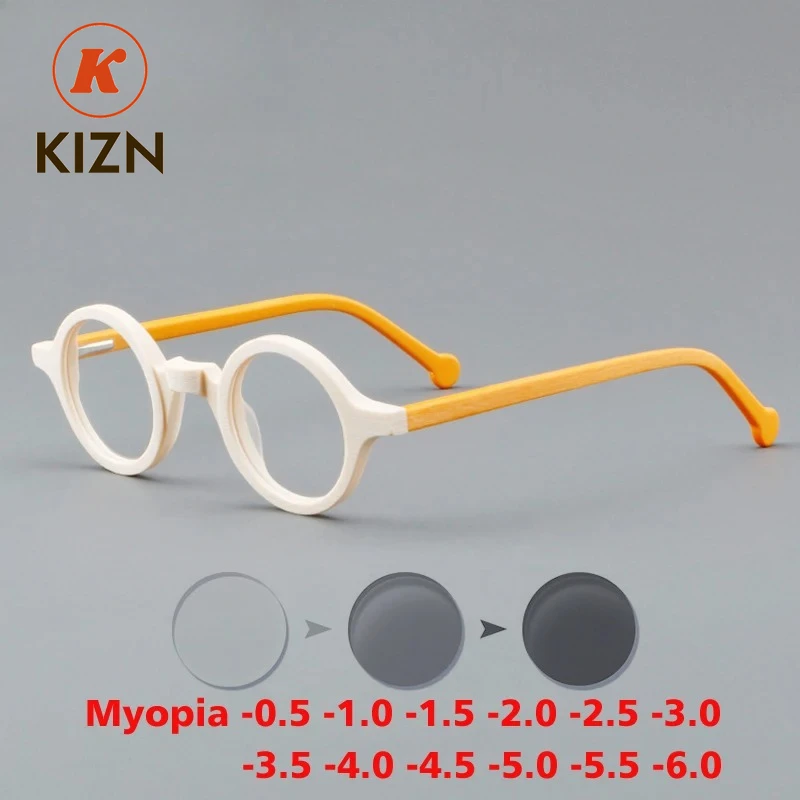 

KIZN ацетатные очки для близорукости, обесцвеченная оправа для очков, мужские маленькие круглые антисиние очки, женские оптические очки по рецепту от -0,5 до -6,0