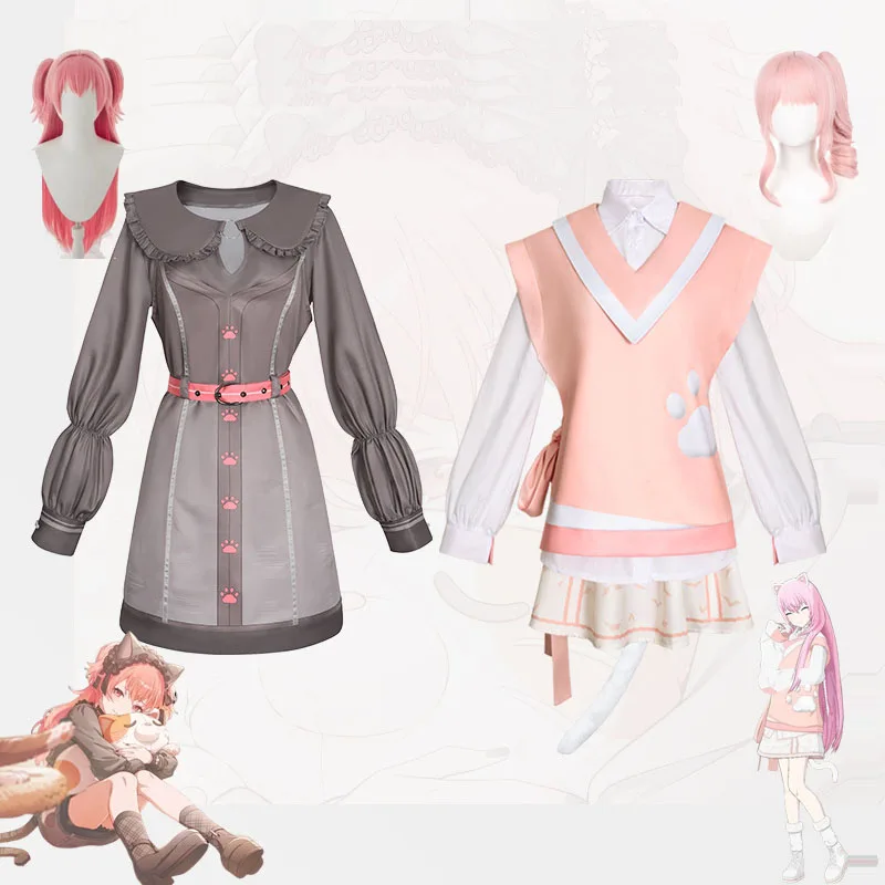 مشروع Sekai Miku تأثيري Mizuki Akiyama Momoi Airi زي Amia الوردي لطيف القط تنورة مجموعة سترة قميص الجوارب الذيل الزي شعر مستعار