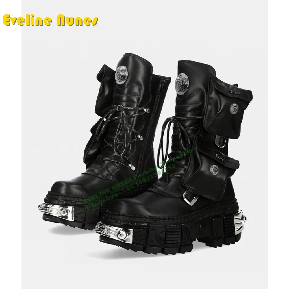 Cyberpunk Platform Pocket Lace Up Motorcycle Boots Heavy Metal Winter 2024 New Style Couple Ankle Boots Round Toe Tank Shoes