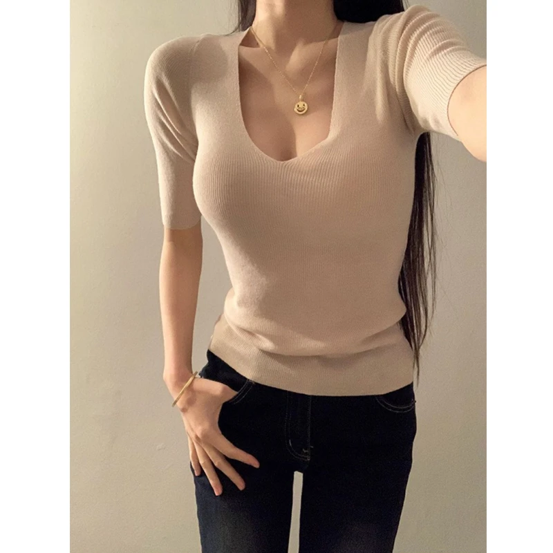 Slim Fit V-Neck Five-Quarter Sleeve Knitwear Women's Korean Style Early Spring Base Shirt Beautiful Meticulous Essential Top