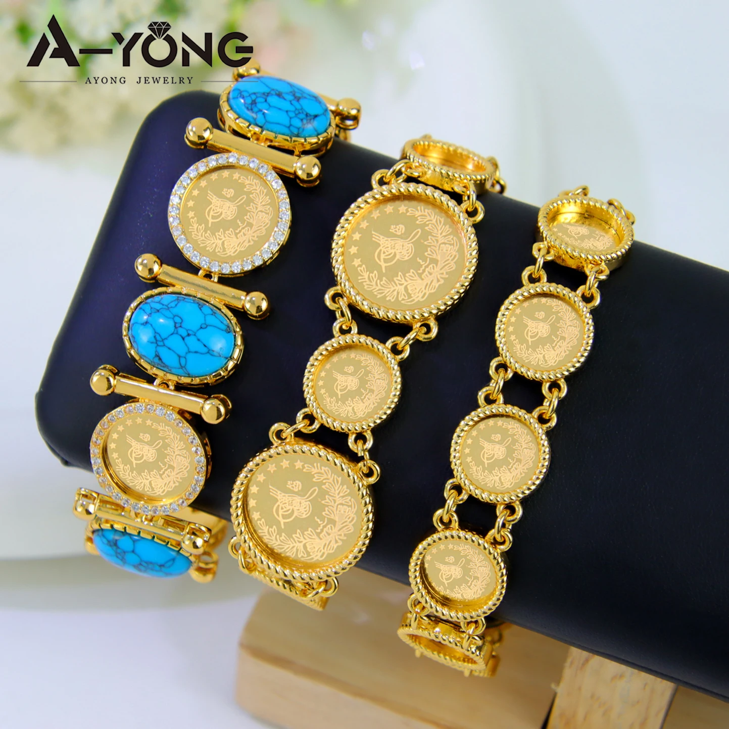 Turkish Vintage Coins Bracelet 21k Gold Plated Fashion Italian Turquoise Bangles Islamic Woman Party Event Jewelry Gift