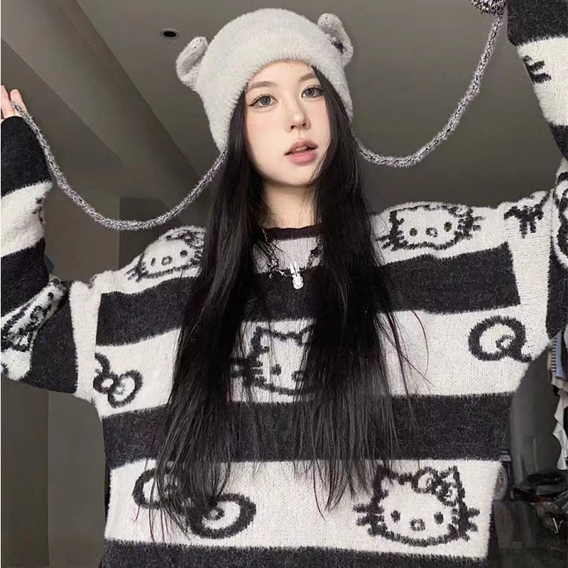 Anime Cartoon Hello Kittys Oversize Mid-Length Sweater Striped Lazy Style Fashionable Women\'s Printed Pullover Bottoming Sweater