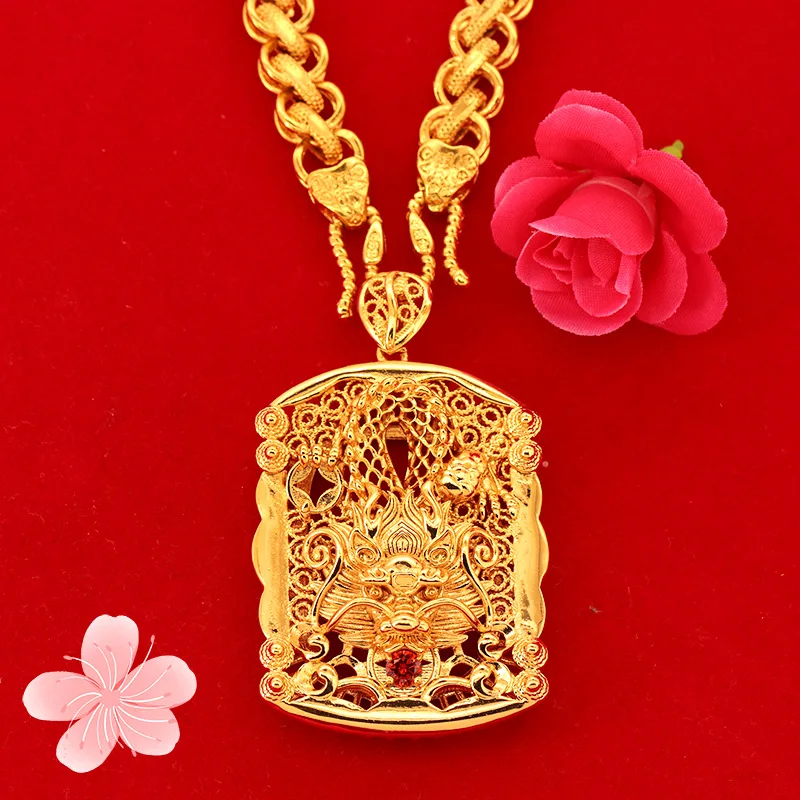 Luxury 24k Gold Color Embossed Dragon Hollow Pendant for Women Men Female Pendants Engagement Birthday Fine Jewelry Not Fade