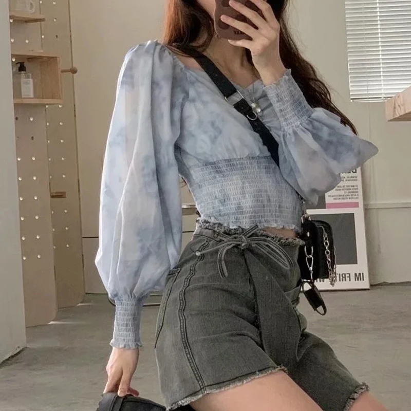 

Elegant Sweet Long Sleeve Tshirt Tops Tie Dye All-Match Crop Top Spring Fall Pink Short Tops 2024 Blusas De Mujer Women Summer