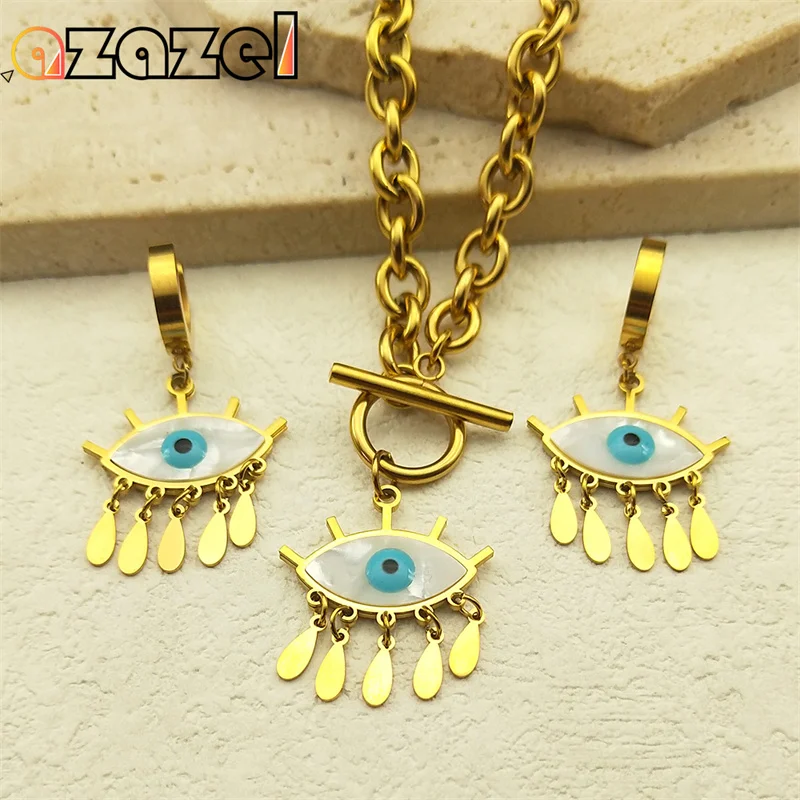 

Devil Eye Shell Water Drop Pendant Magic Jewelry Set Women Men Stainless Steel Gold Color Vintage Necklace Earring Party Gift