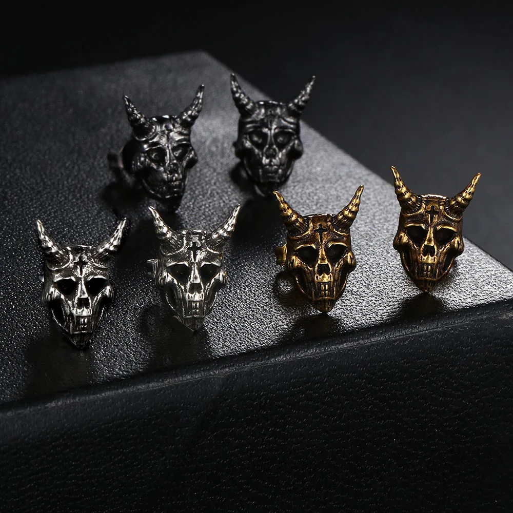 Vintage Gothic Punk Skull Stud Earrings For Men Women Retro Demon Satan Ram Skeleton Viking Ear Accessories Jewelry Gifts OHE186