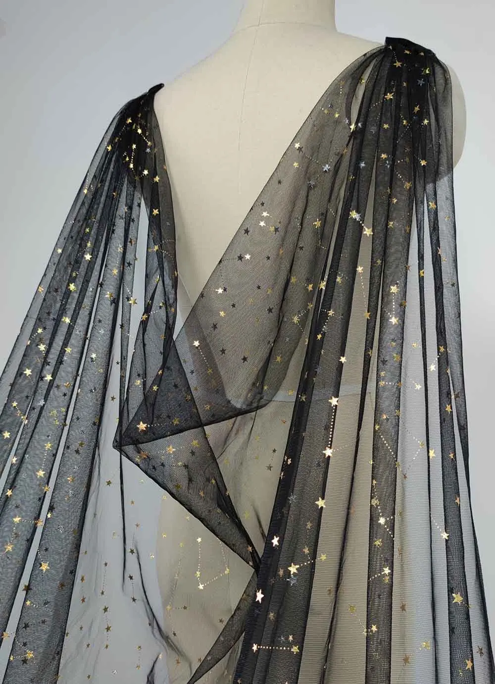 Capa de casamento personalizada com fotos reais, com tule preto e estrelas douradas, jaqueta bolero de noiva de 3 metros de comprimento para noiva