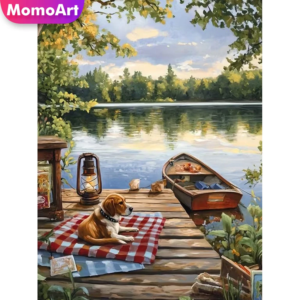 Momoart 5D DIY Diamant-Mosaik Flusslandschaft Gemälde Boot Kreuzstich Vollquadrat Runde Diamant-Stickerei Dekoration für Zuhause
