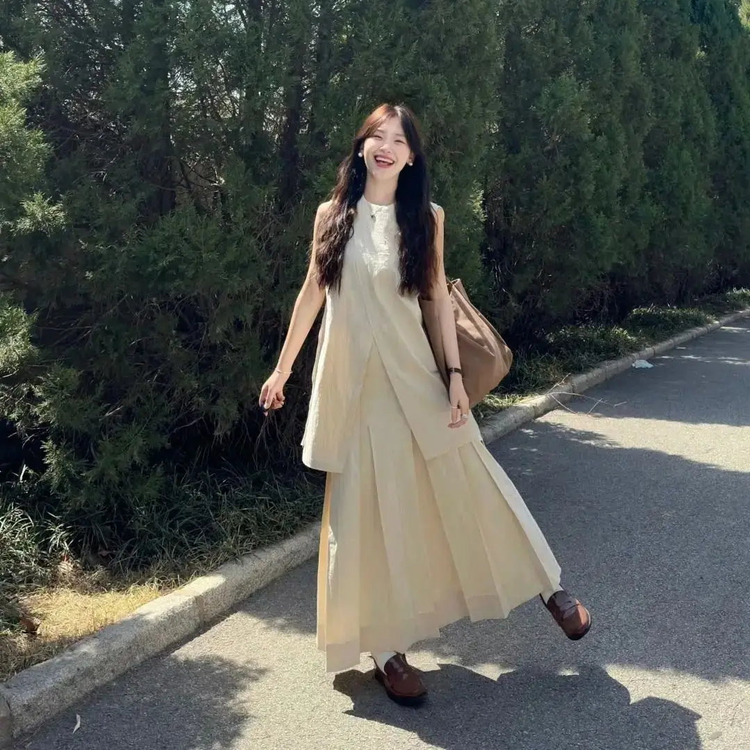 

Korea Vest Skirt Set New Summer Chic Elegant Sleeveless Solid Tank Top + Skirt Dress OL Outfit Clothes Suit