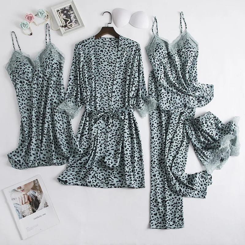 Women Pink Leopard 5PCS Pajamas Set Chemise Sleepwear Sexy Lace Trim Robe Nightgown Pijamas Suit Loose Satin Homewear Loungewear