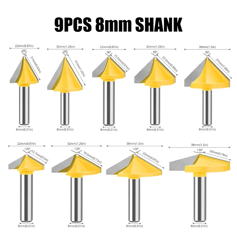 RALCA-Graveermachine 3D Router Bit V-vormige Cutter 3D Frees Houtbewerking Gereedschap 9 Stuks Set