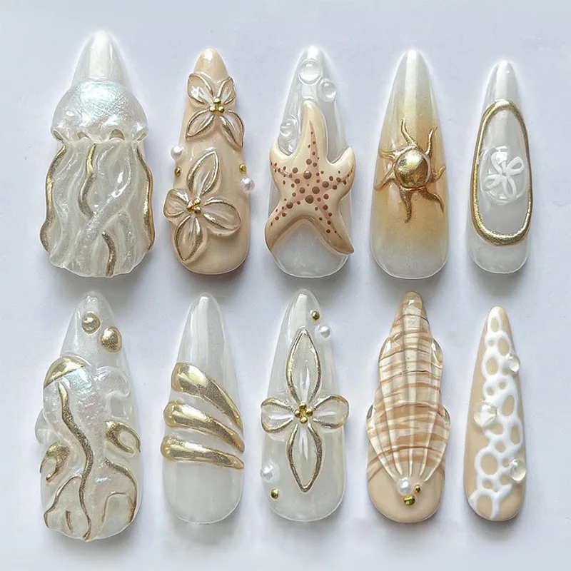 

24PCS White Ocean Patterns French Wearable False Nail 3D Starfish Golden Flower Pearl Press on Fake Nails Full Cover with Design