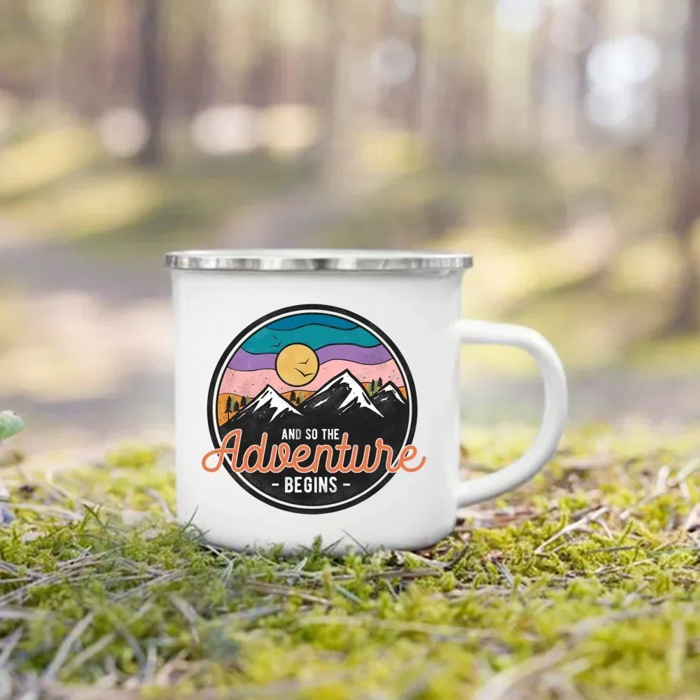 Camping Enamel Cup And So The Adventure Begind Printed Mug Campfire Party Beer Coffee Mugs Mountain Handle Cups Gifts for Camper