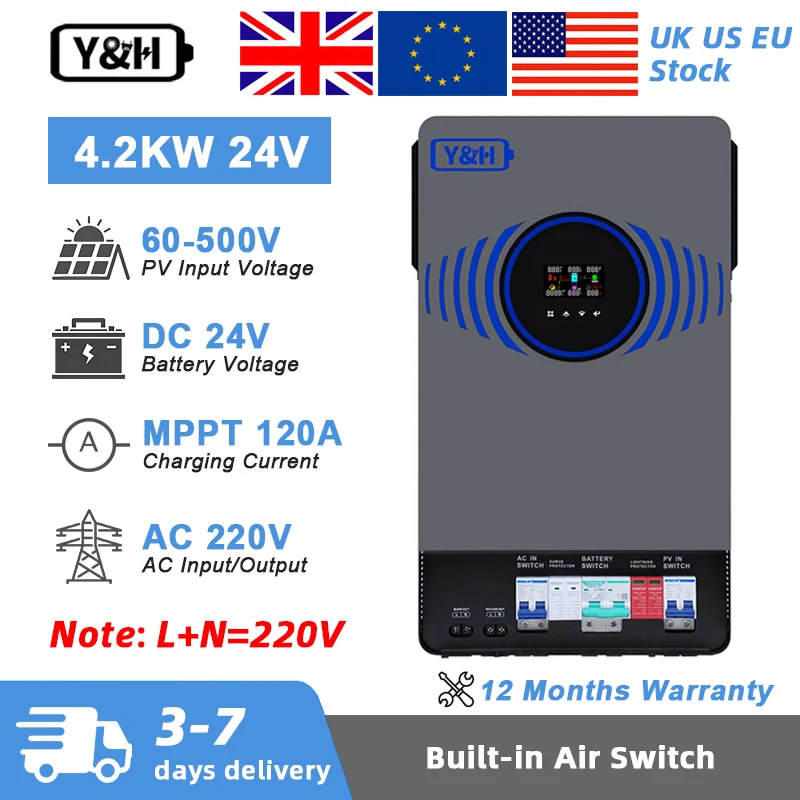 

Y&H 4.2KW 6.2KW Hybrid Solar Inverter 24V/48VDC 230VAC Built-in Air Switch Lightning Protection 120A MPPT Charger Pure Sine Wave