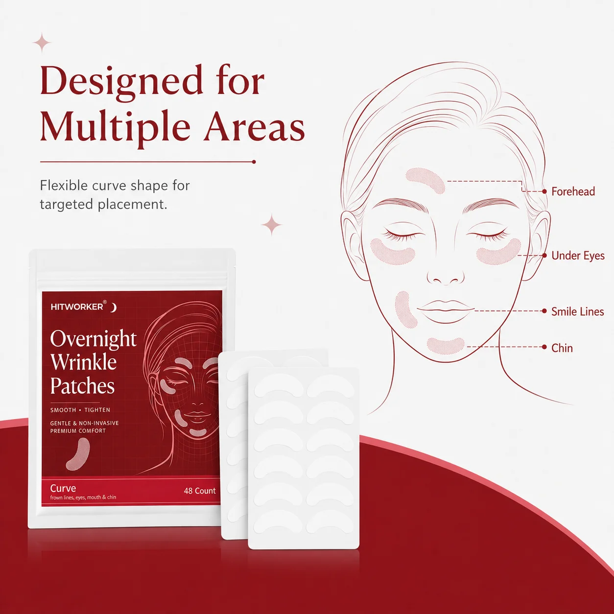 48PCS Curve Face Patches, Overnight Facial Care Patches for Forehead, Eye, Mouth & Chin Areas, Soft Comfortable Daily Use